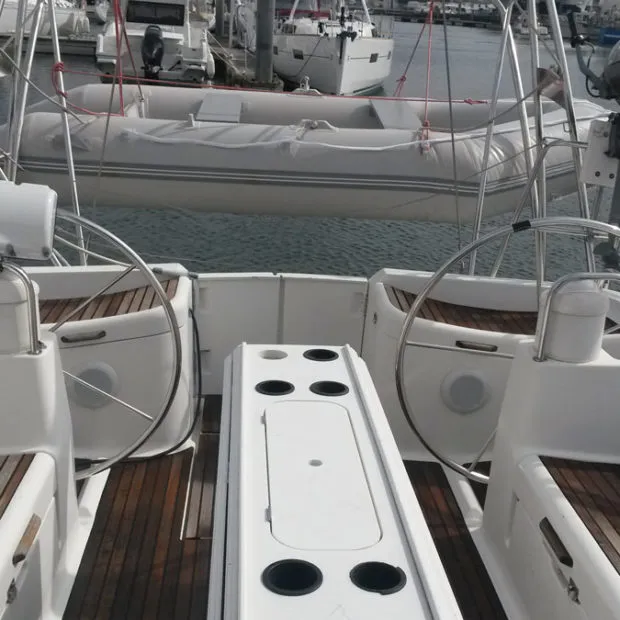 Cockpit of Bourlingueur, a Jeanneau Sun Odyssey 45.2 sailboat at Port Navalo, France