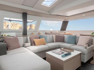 Salon of BLU DOLPHIN, a Fountaine Pajot Elba 45 catamaran at Capo d'Orlando, Italy