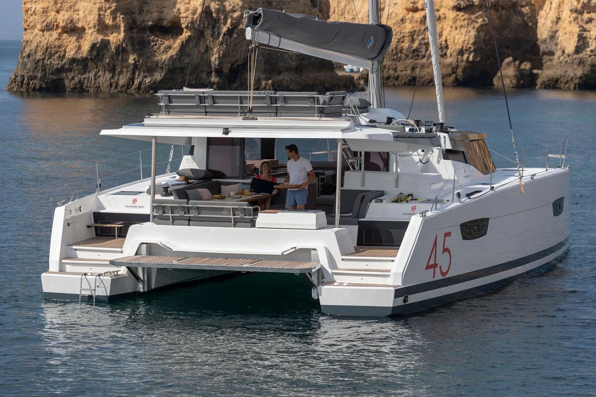 Exterior view of BLU DOLPHIN, a Fountaine Pajot Elba 45 catamaran at Capo d'Orlando, Italy