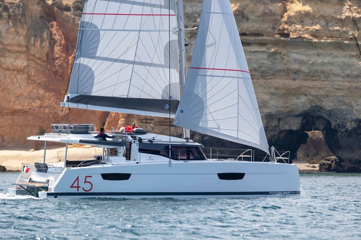 Exterior view of BLU DOLPHIN, a Fountaine Pajot Elba 45 catamaran at Capo d'Orlando, Italy