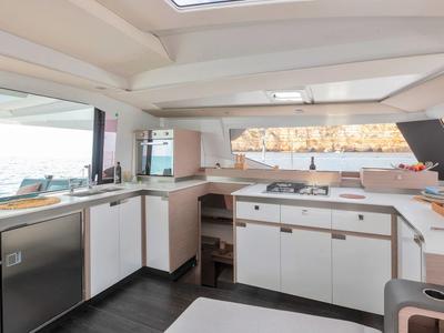 Galley of BLU DOLPHIN, a Fountaine Pajot Elba 45 catamaran at Capo d'Orlando, Italy