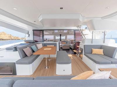 Deck of BLU DOLPHIN, a Fountaine Pajot Elba 45 catamaran at Capo d'Orlando, Italy