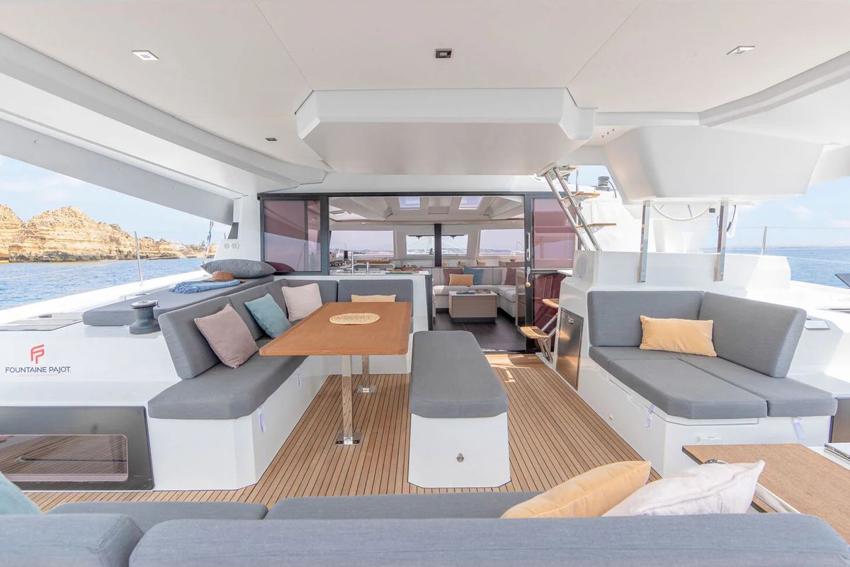 Deck of BLU DOLPHIN, a Fountaine Pajot Elba 45 catamaran at Capo d'Orlando, Italy