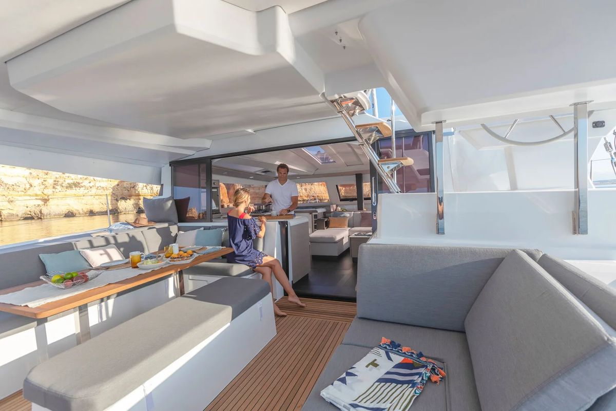 Deck of BLU DOLPHIN, a Fountaine Pajot Elba 45 catamaran at Capo d'Orlando, Italy