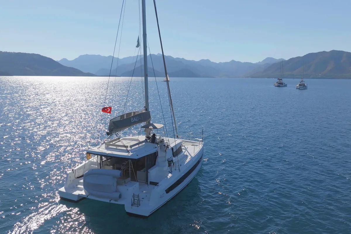 Exterior view of Pisces, a Bali 4.2 catamaran at Marmaris, Turkey