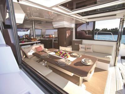 Salon of Ida, a Bali Catspace catamaran at Marmaris, Turkey