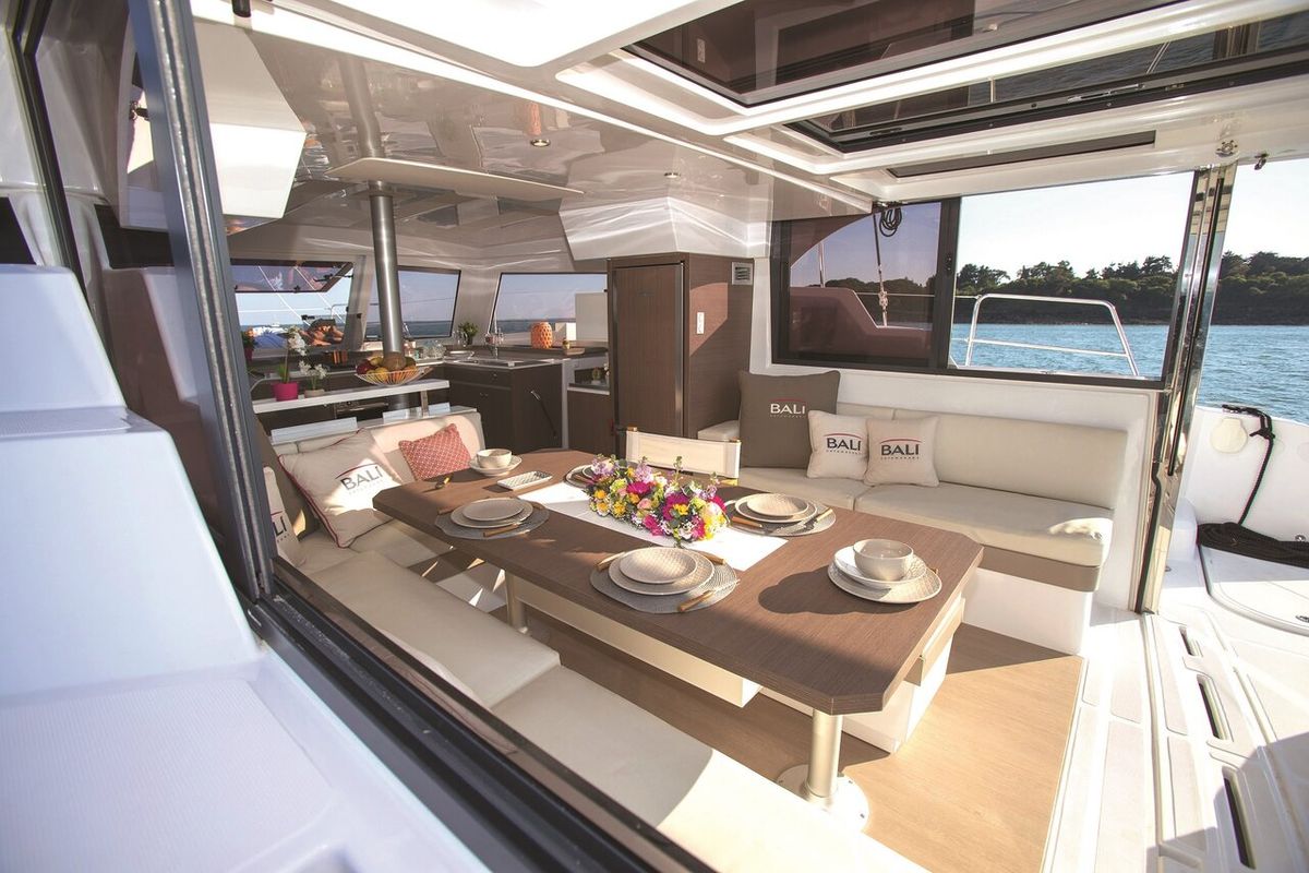 Salon of Ida, a Bali Catspace catamaran at Marmaris, Turkey
