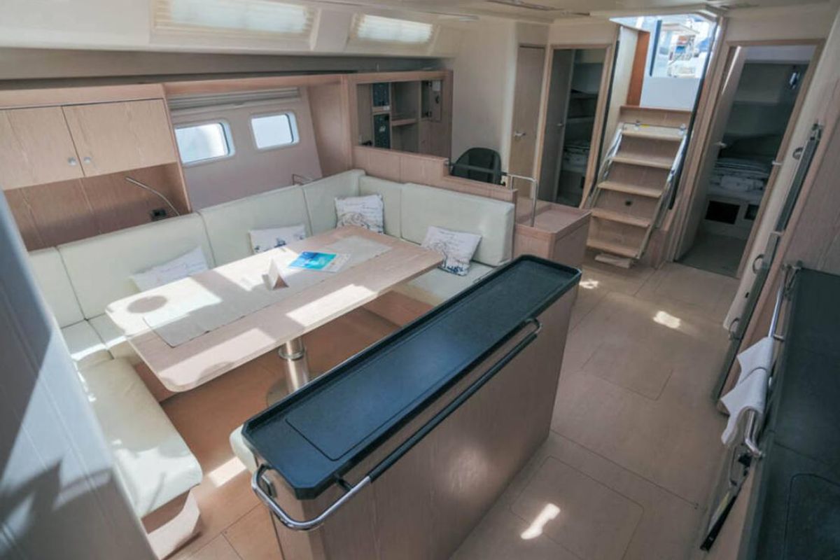 Salon of Solan, a Hanse Yachts Hanse 575 sailboat at Lavreotiki Municipal Unit, Greece
