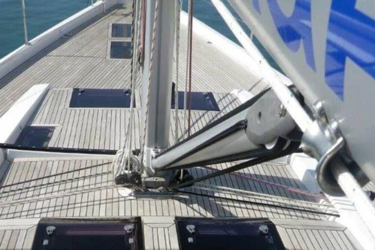 Deck of Solan, a Hanse Yachts Hanse 575 sailboat at Lavreotiki Municipal Unit, Greece