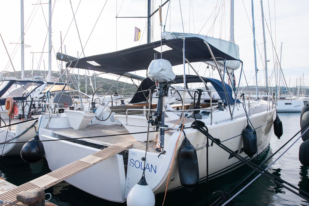 Exterior view of Solan, a Hanse Yachts Hanse 575 sailboat at Lavreotiki Municipal Unit, Greece