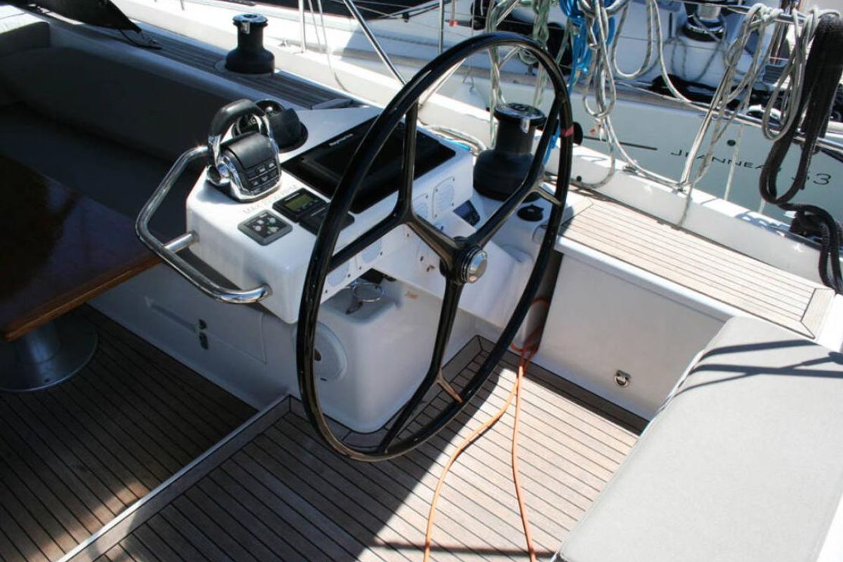 Cockpit of Solan, a Hanse Yachts Hanse 575 sailboat at Lavreotiki Municipal Unit, Greece