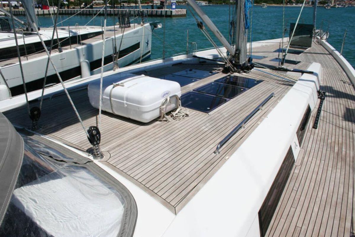 Deck of Solan, a Hanse Yachts Hanse 575 sailboat at Lavreotiki Municipal Unit, Greece