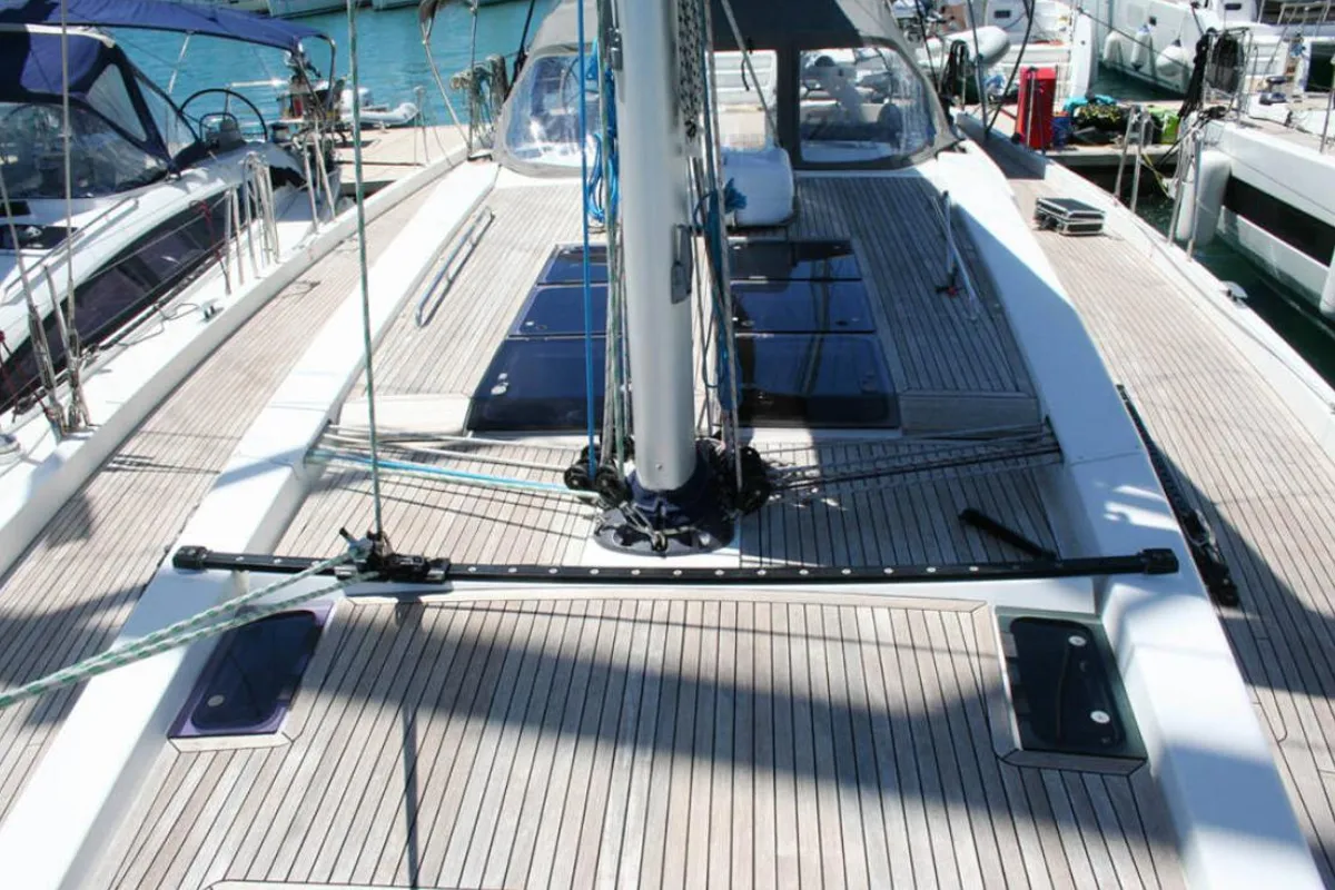 Deck of Solan, a Hanse Yachts Hanse 575 sailboat at Lavreotiki Municipal Unit, Greece