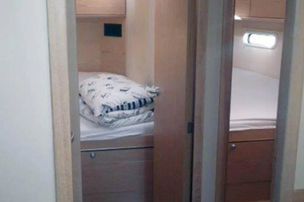 Cabin on Solan, a Hanse Yachts Hanse 575 sailboat at Lavreotiki Municipal Unit, Greece