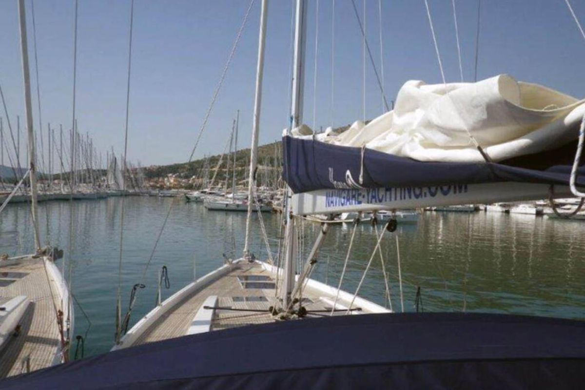 Deck of Solan, a Hanse Yachts Hanse 575 sailboat at Lavreotiki Municipal Unit, Greece