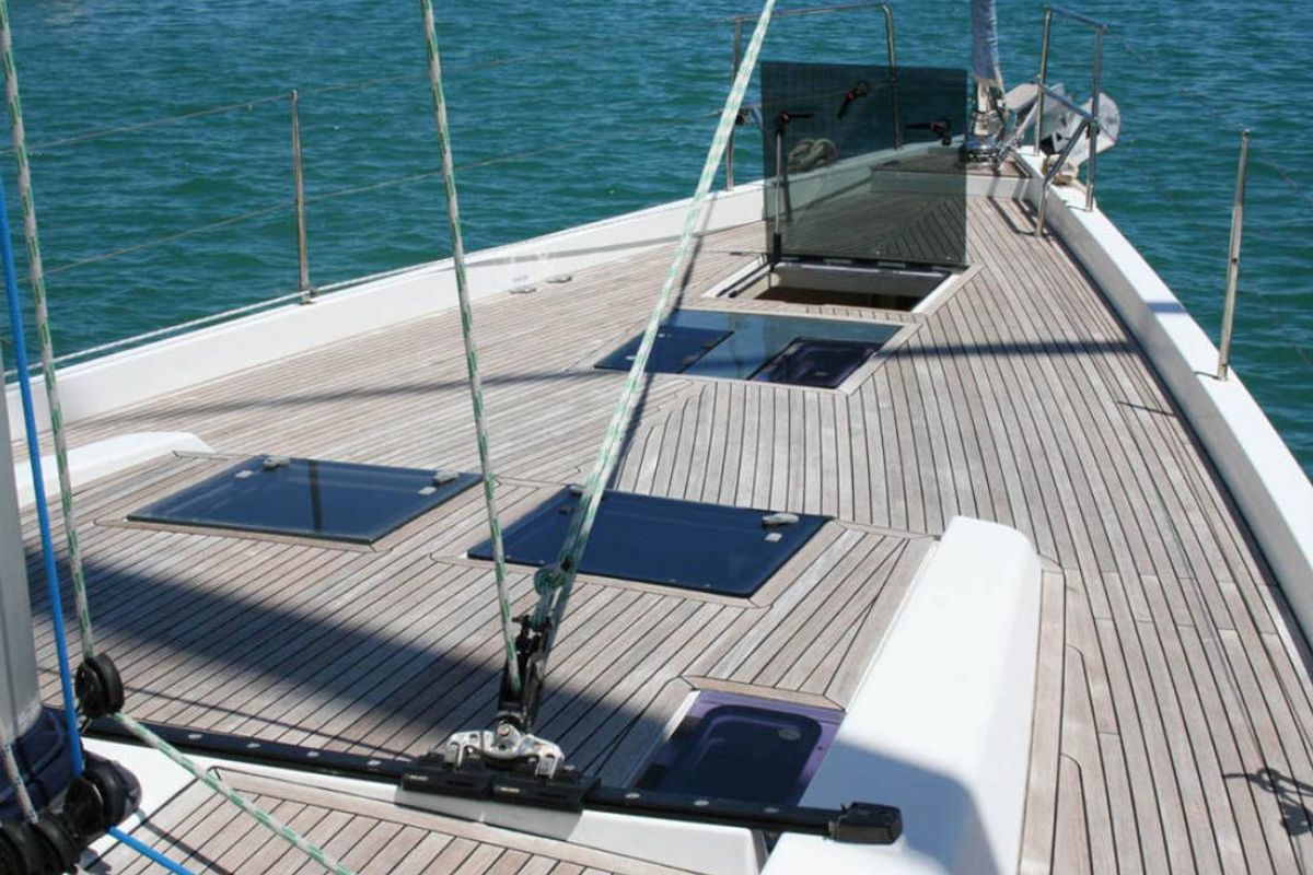 Deck of Solan, a Hanse Yachts Hanse 575 sailboat at Lavreotiki Municipal Unit, Greece