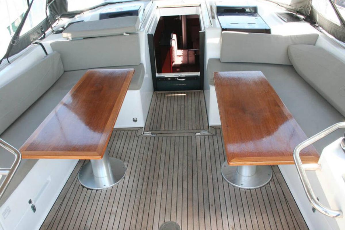 Deck of Solan, a Hanse Yachts Hanse 575 sailboat at Lavreotiki Municipal Unit, Greece