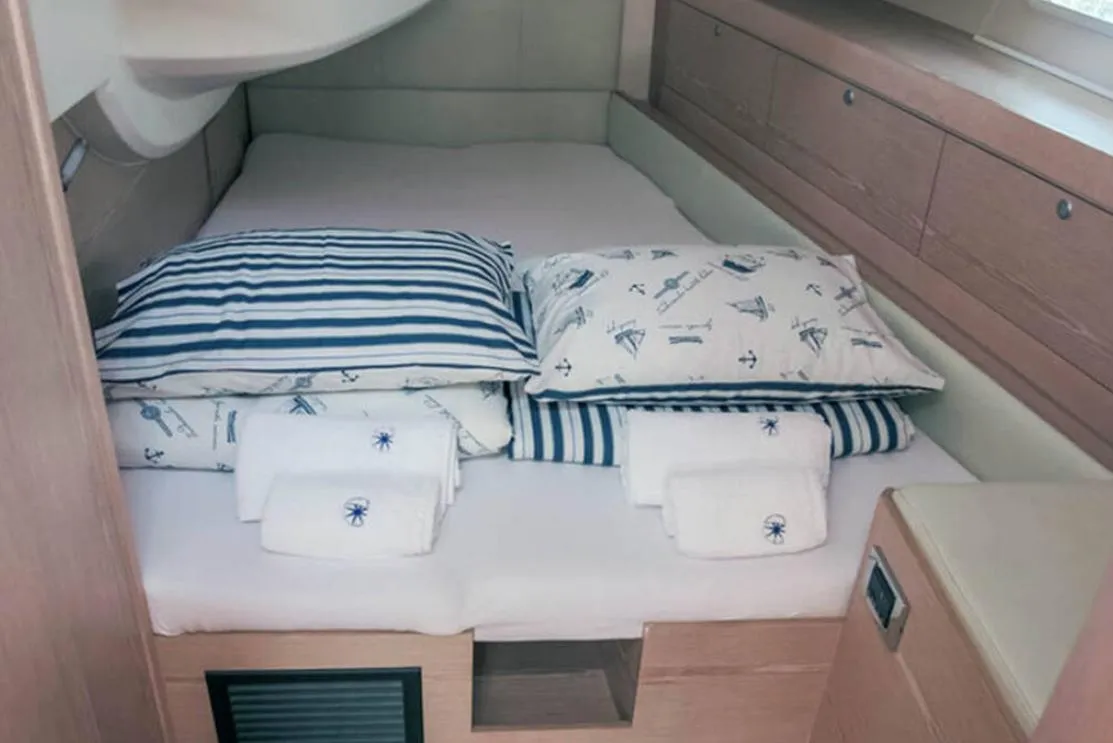 Cabin on Solan, a Hanse Yachts Hanse 575 sailboat at Lavreotiki Municipal Unit, Greece
