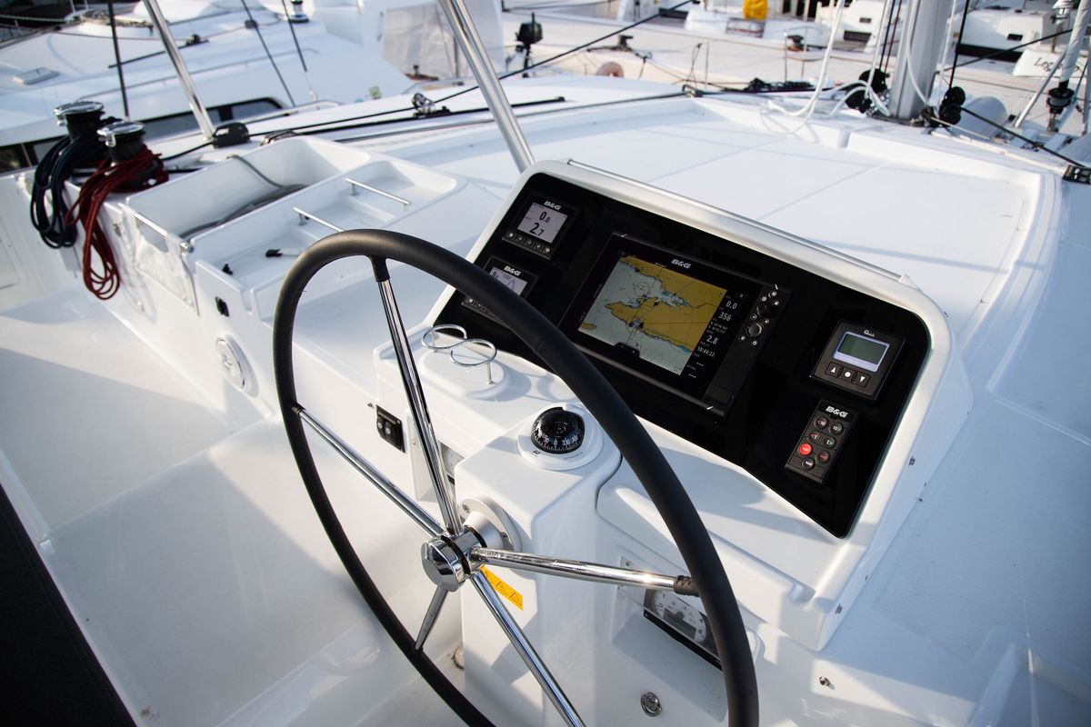 Cockpit of Anja I, a Lagoon 450 Fly catamaran at Općina Rogoznica, Croatia