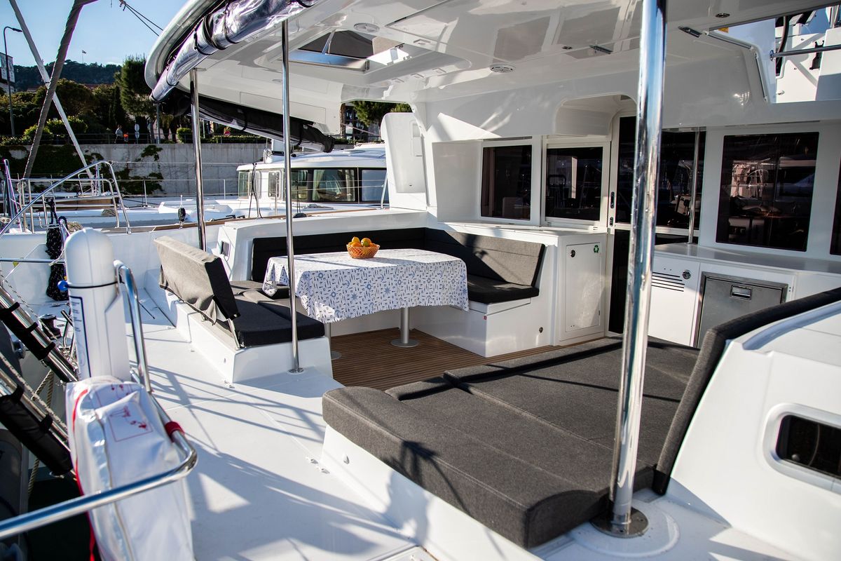 Deck of Anja I, a Lagoon 450 Fly catamaran at Općina Rogoznica, Croatia