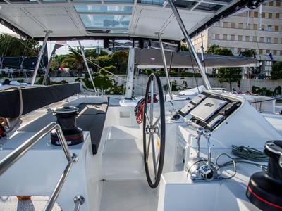 Cockpit of Anja I, a Lagoon 450 Fly catamaran at Općina Rogoznica, Croatia