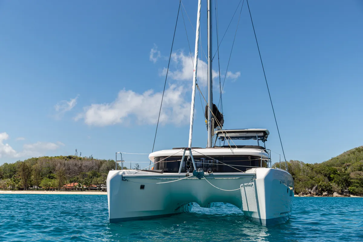 Exterior view of Athena Pearl, a Lagoon 42 catamaran at Eden Island Marina, Seychelles
