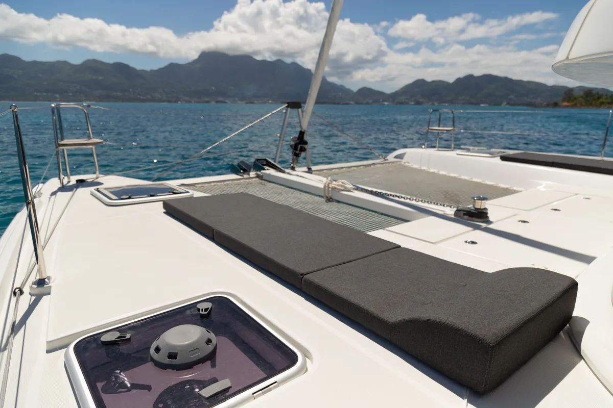 Deck of Athena Pearl, a Lagoon 42 catamaran at Eden Island Marina, Seychelles