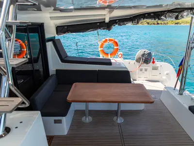 Deck of Athena Pearl, a Lagoon 42 catamaran at Eden Island Marina, Seychelles