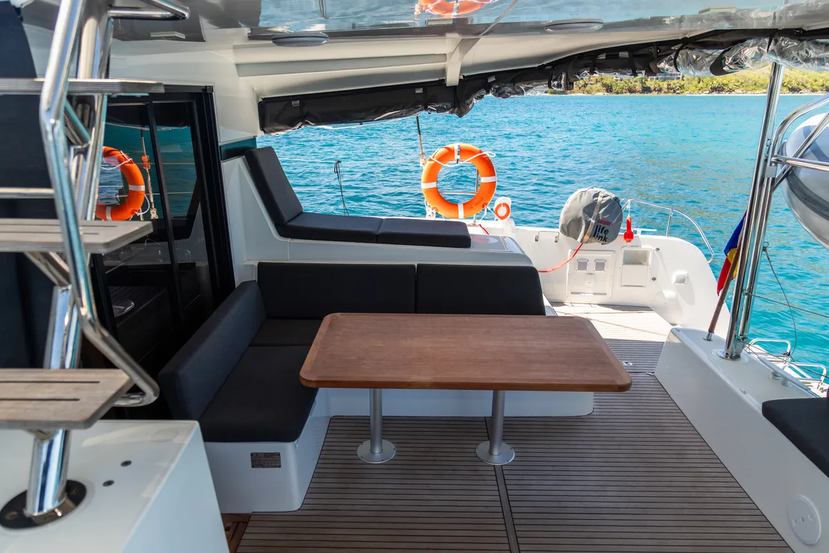 Deck of Athena Pearl, a Lagoon 42 catamaran at Eden Island Marina, Seychelles