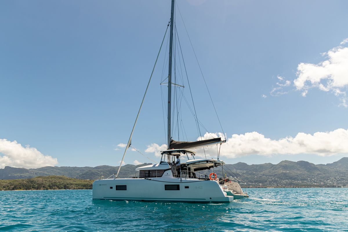 Exterior view of Athena Pearl, a Lagoon 42 catamaran at Eden Island Marina, Seychelles
