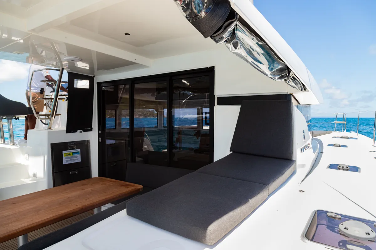 Deck of Athena Pearl, a Lagoon 42 catamaran at Eden Island Marina, Seychelles