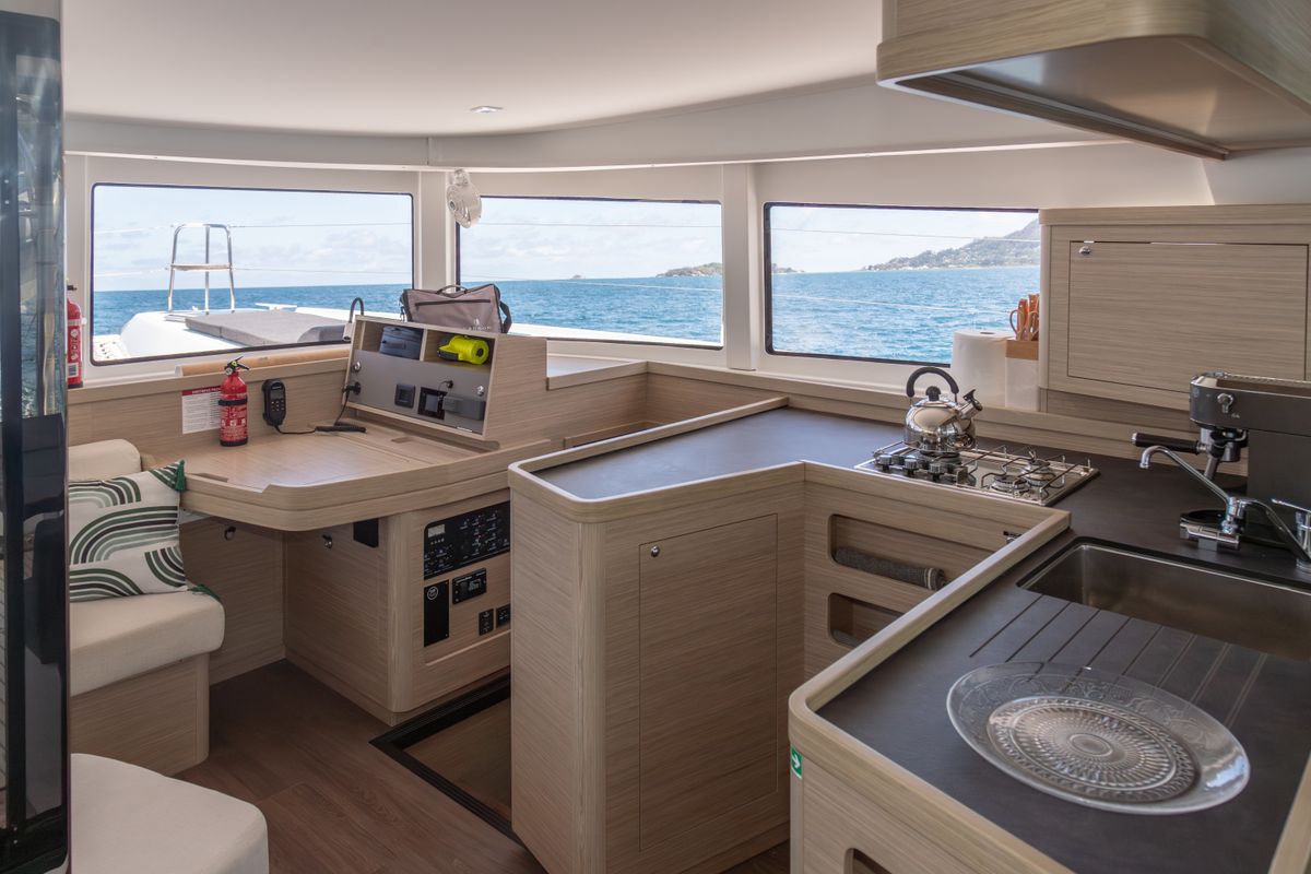 Salon of Athena Pearl, a Lagoon 42 catamaran at Eden Island Marina, Seychelles