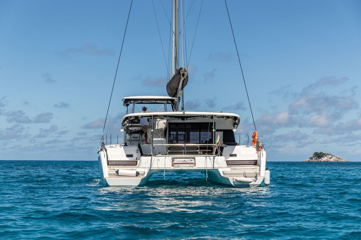 Exterior view of Athena Pearl, a Lagoon 42 catamaran at Eden Island Marina, Seychelles