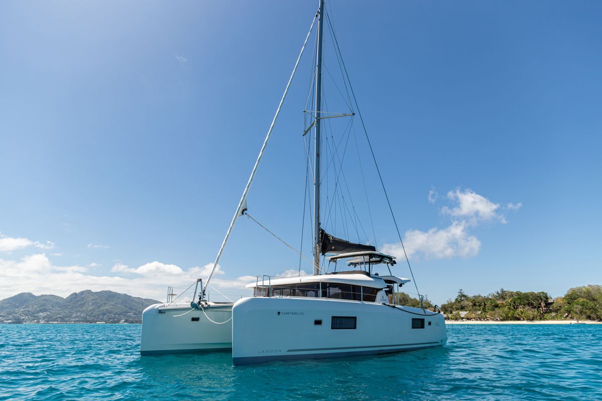 Exterior view of Athena Pearl, a Lagoon 42 catamaran at Eden Island Marina, Seychelles