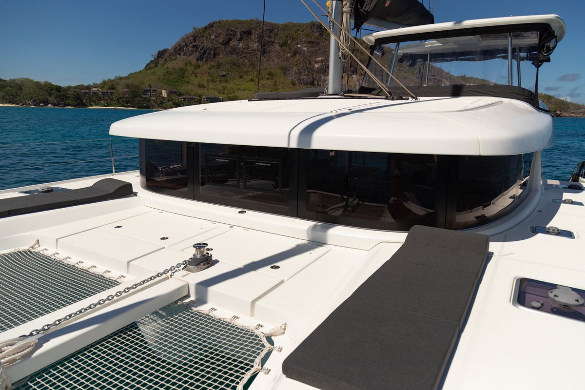 Deck of Athena Pearl, a Lagoon 42 catamaran at Eden Island Marina, Seychelles