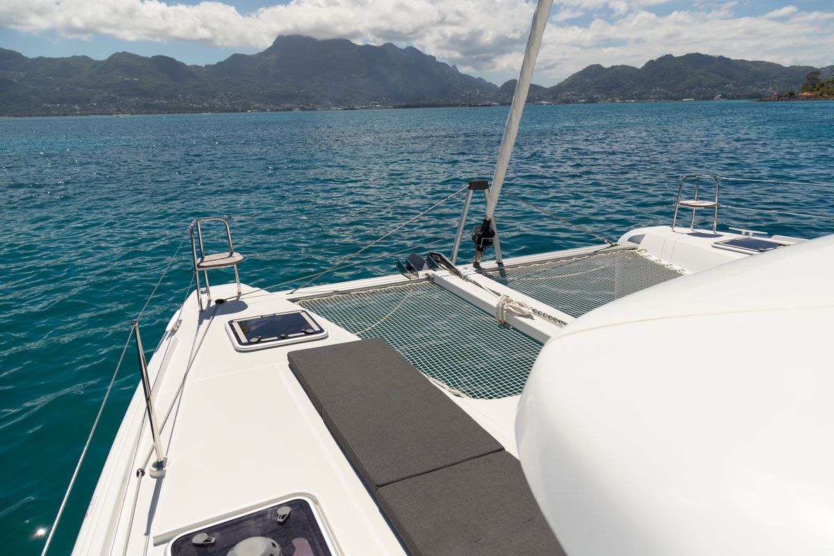 Deck of Athena Pearl, a Lagoon 42 catamaran at Eden Island Marina, Seychelles