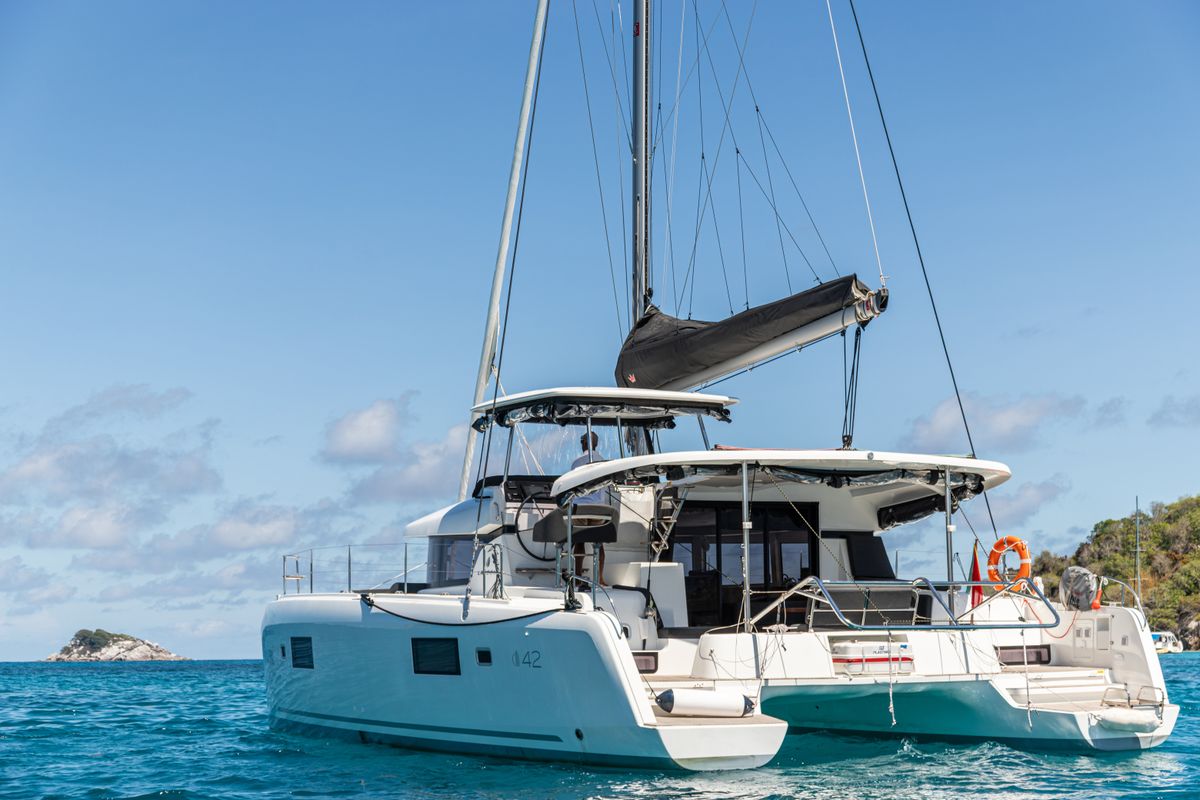 Exterior view of Athena Pearl, a Lagoon 42 catamaran at Eden Island Marina, Seychelles