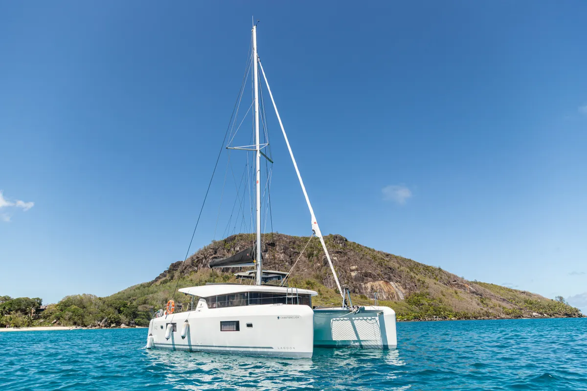 Exterior view of Athena Pearl, a Lagoon 42 catamaran at Eden Island Marina, Seychelles