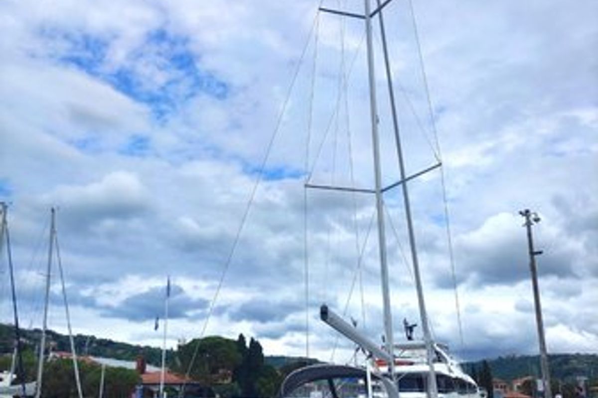 Exterior view of Metis, a Bavaria Cruiser 46 sailboat at Bodrum, Turkey