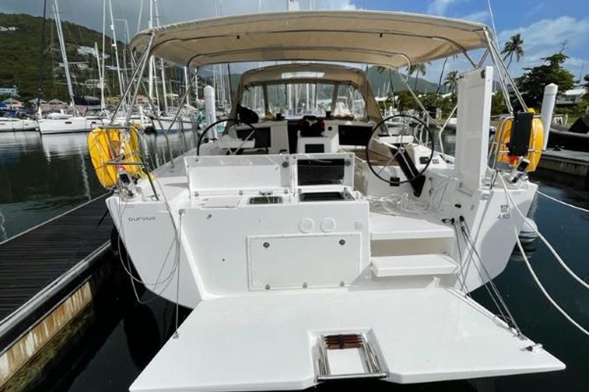 Deck of Hoosier Lady, a Dufour 430 sailboat at Road Town, British Virgin Islands