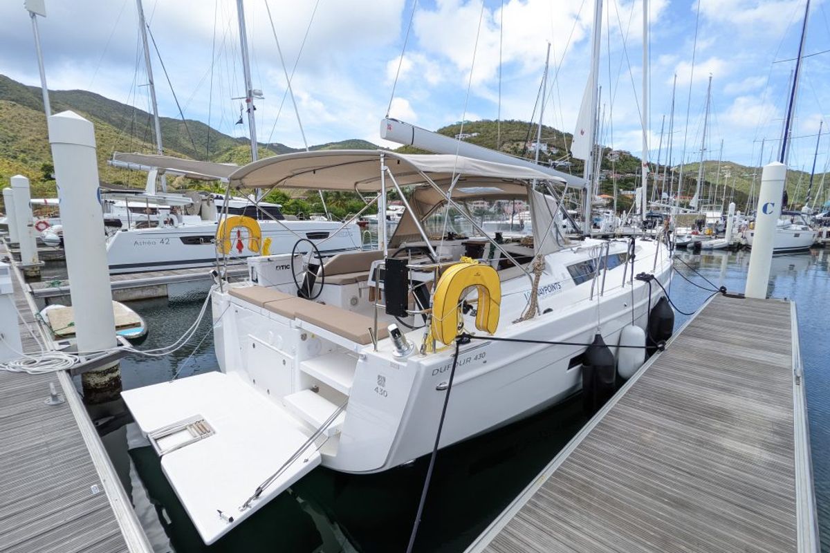 Exterior view of Hoosier Lady, a Dufour 430 sailboat at Road Town, British Virgin Islands