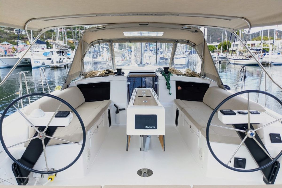 Cockpit of Hoosier Lady, a Dufour 430 sailboat at Road Town, British Virgin Islands