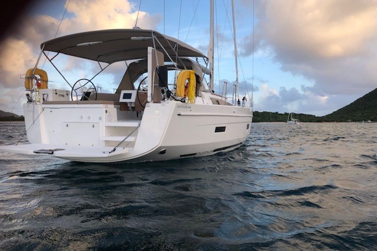 Exterior view of Hoosier Lady, a Dufour 430 sailboat at Road Town, British Virgin Islands