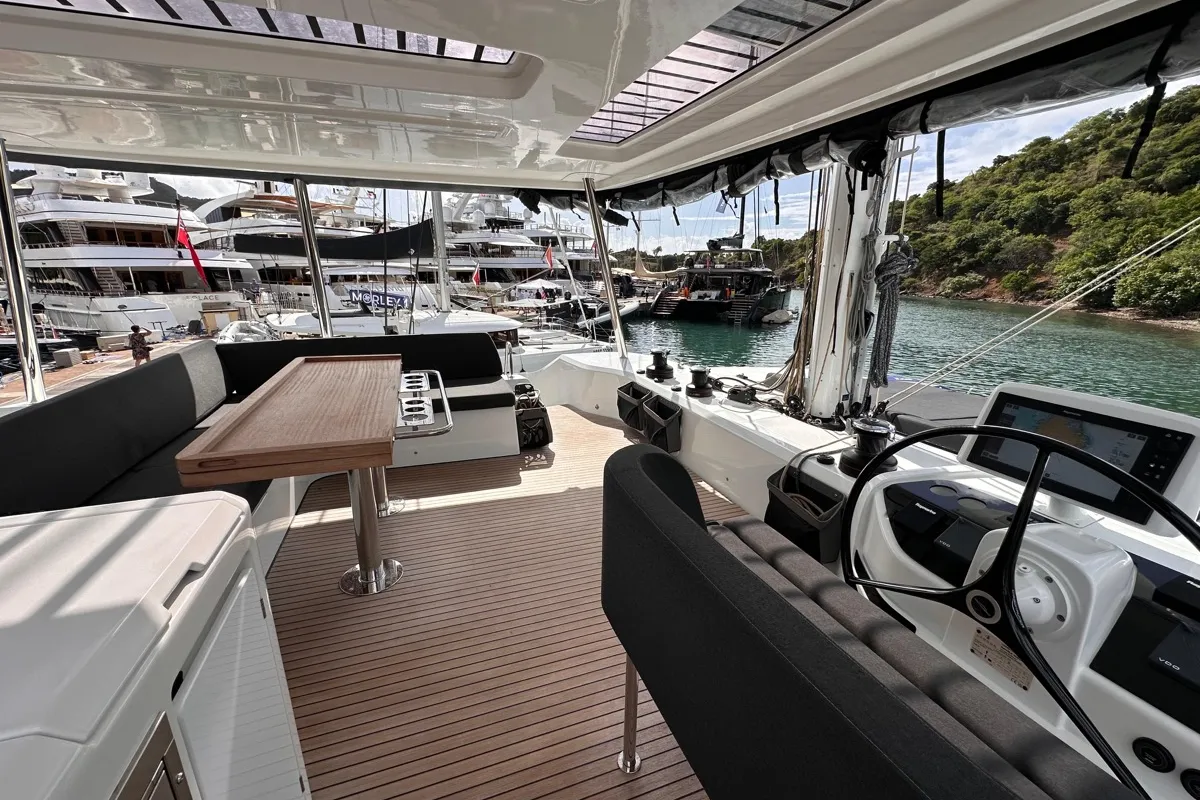 Cockpit of Maui, a Lagoon 55 catamaran at Marigot, France