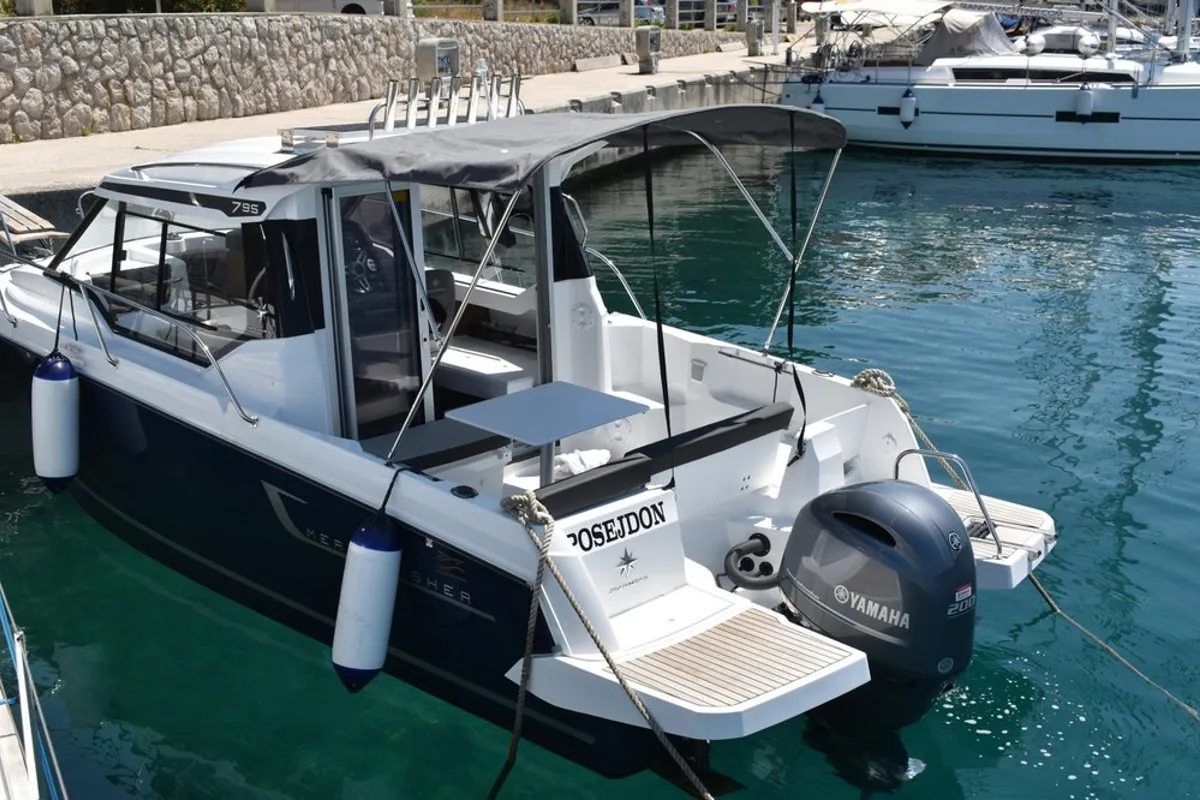 Exterior view of Posejdon, a Jeanneau Merry Fisher 795 motorboat at Mali Lošinj, Croatia