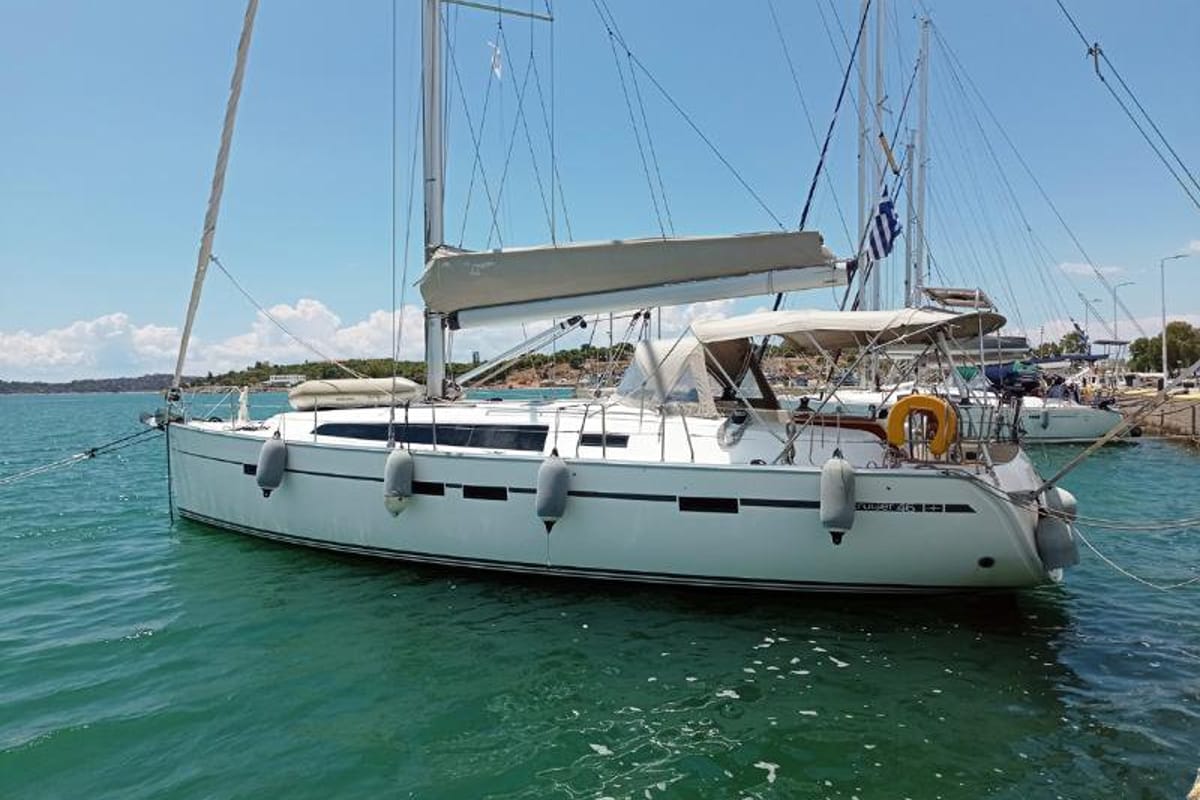 Exterior view of Aelia, a Bavaria Cruiser 46 sailboat at Municipal Unit of Nea Peramos, Greece