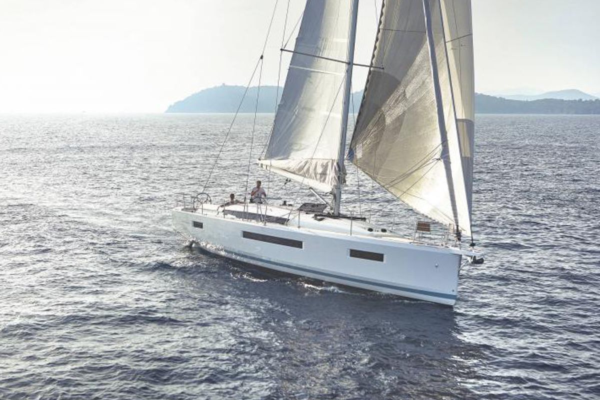 Exterior view of Agrippa, a Jeanneau Sun Odyssey 440 sailboat at Lavreotiki Municipal Unit, Greece