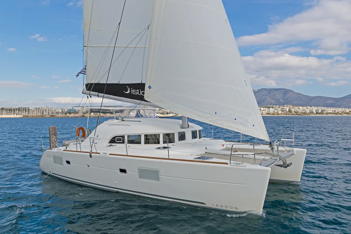 Exterior view of Eleven, a Lagoon 380 catamaran at Gouvia, Greece
