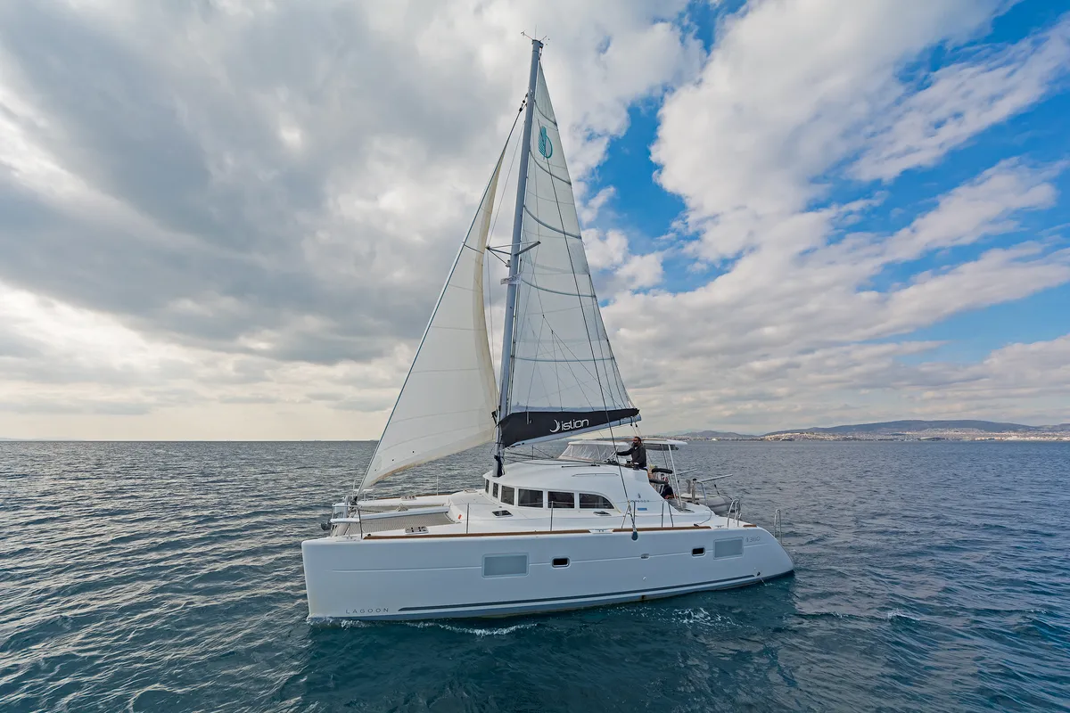 Exterior view of Eleven, a Lagoon 380 catamaran at Gouvia, Greece