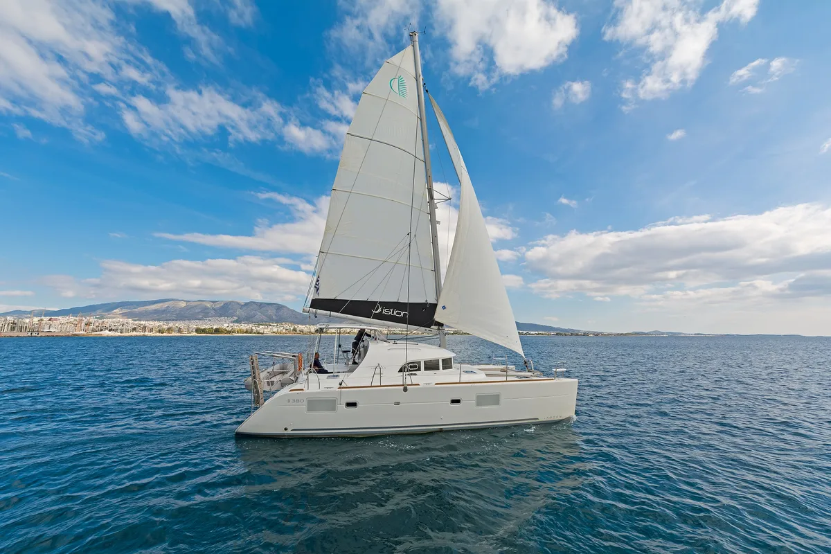 Exterior view of Eleven, a Lagoon 380 catamaran at Gouvia, Greece